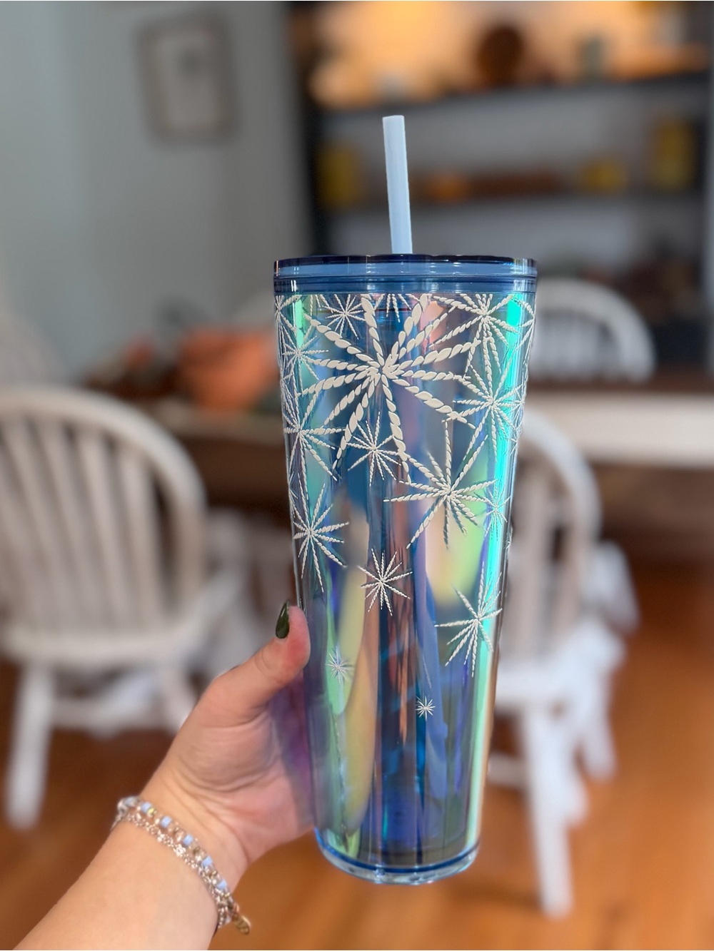 Starbucks Iridescent Blue-Green Starburst Tumbler with Straw